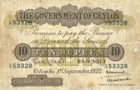 (№1922P-12c.2) Банкнота Цейлон (Шри-Ланка) 1922 год "10 Rupees"